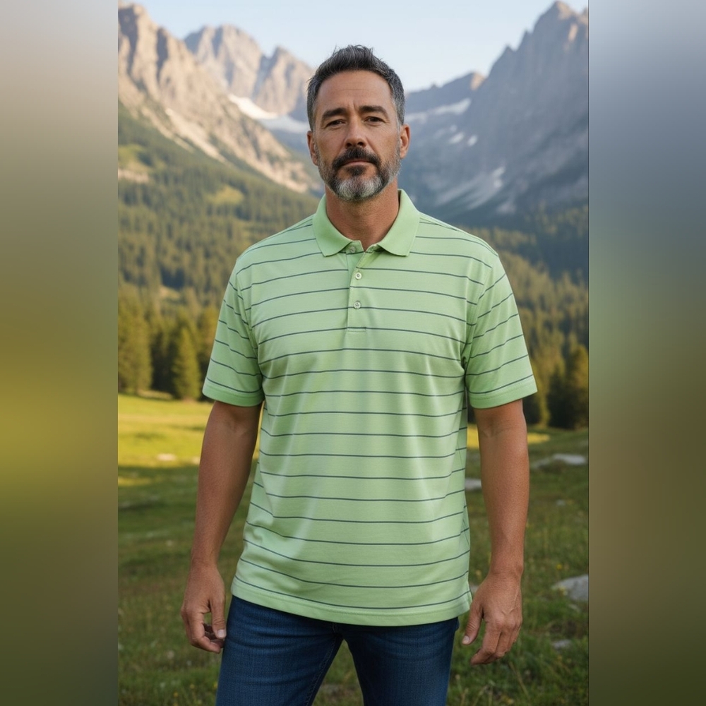 Men's Bolle Neon Green Blue Stripe Golf Tech Polo Shirt Size Large